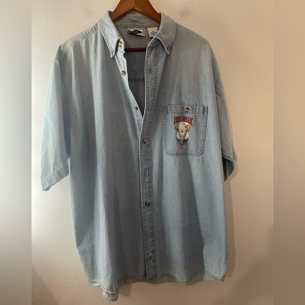 Vintage Bike Light Blue Short-Sleeve Denim Button-Down with large back Graphic